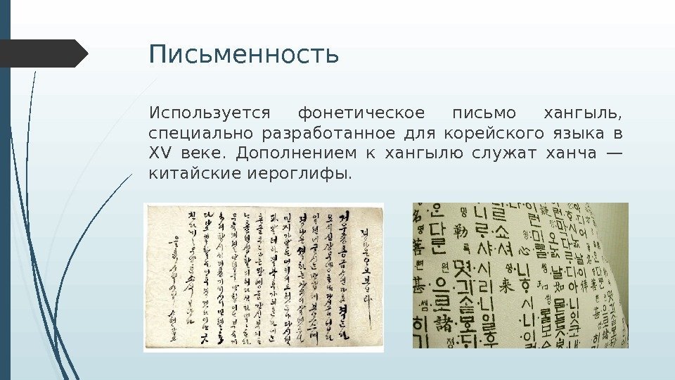 Письменность Используется фонетическое письмо хангыль,  специально разработанное для корейского языка в XV веке.