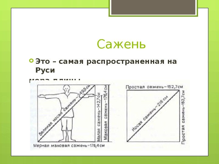     Сажень Это – самая распространенная на Руси мера длины. 