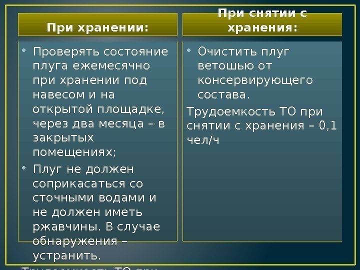 При хранении:  • Проверять состояние плуга ежемесячно при хранении под навесом и на