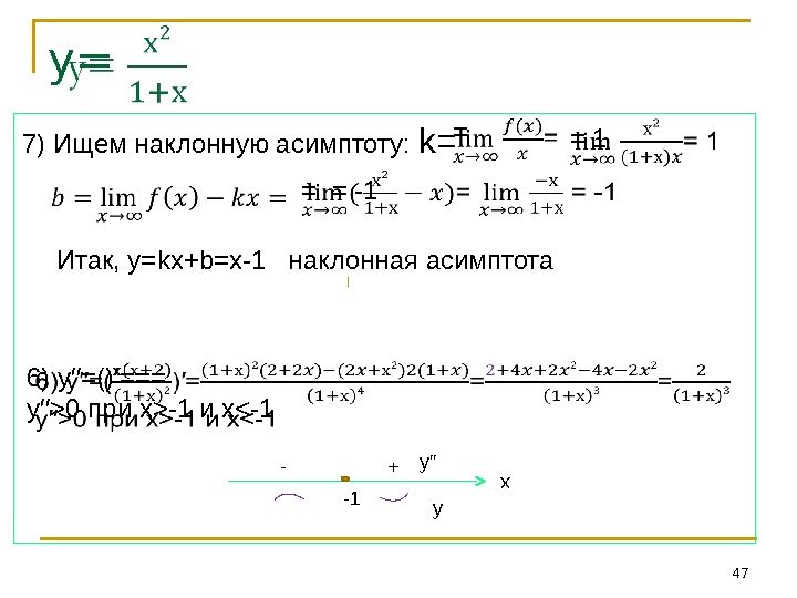 у= 7) Ищем наклонную асимптоту:  k= 476) у′′=()′=== у′′0 при х-1 и х-1
