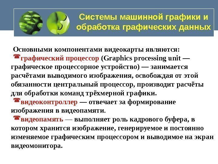   Системы машинной графики и обработка графических данных Основными компонентами видеокарты являются: 