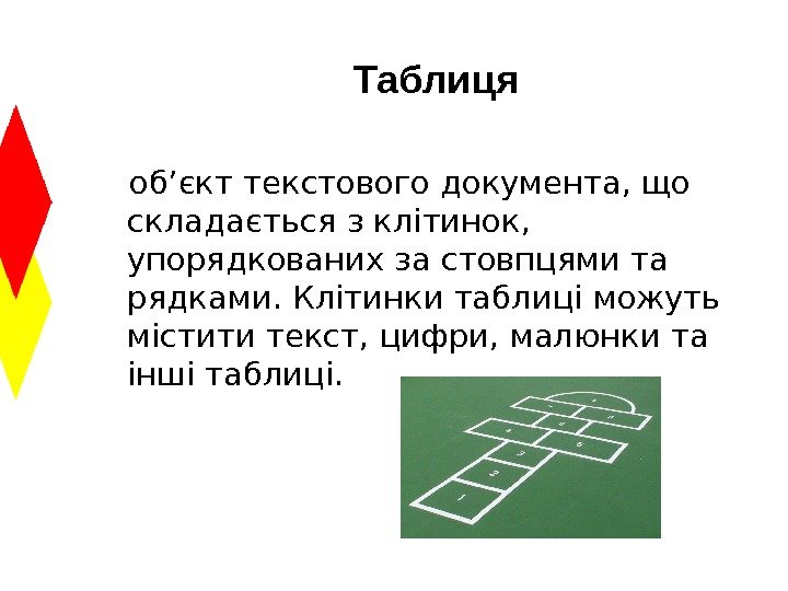 Таблиця об’єкт текстового документа, що складається з клітинок,  упорядкованих за стовпцями та рядками.