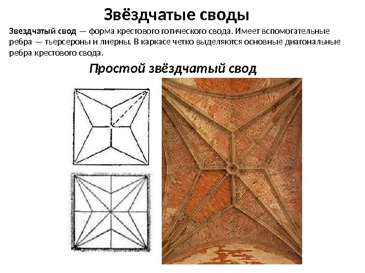 Звёздчатые своды Простой звёздчатый свод. Звездчатый свод — форма крестового готического свода. Имеет вспомогательные