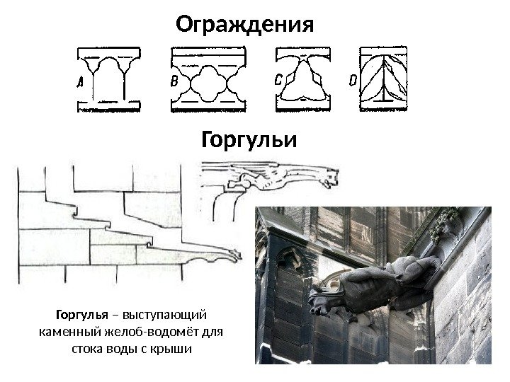 Ограждения Горгульи Горгулья – выступающий каменный желоб-водомёт для стока воды с крыши 