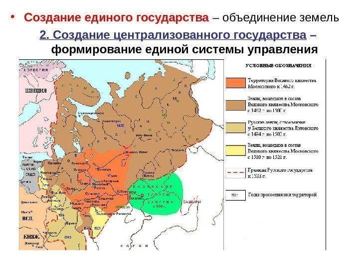   • Создание единого государства – объединение земель 2. Создание централизованного государства –