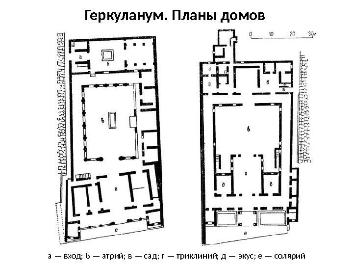 Геркуланум. Планы домов а — вход; б — атрий; в — сад; г —