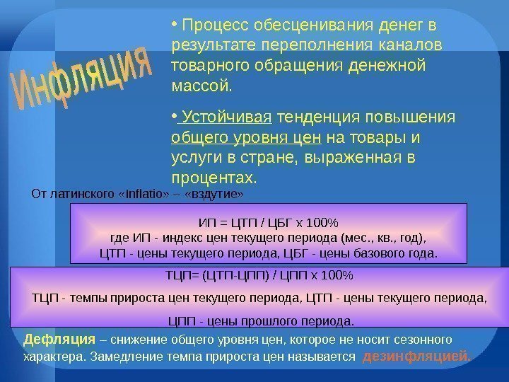  •  Процесс обесценивания денег в результате переполнения каналов товарного обращения денежной массой.