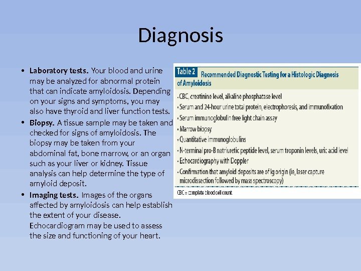 Diagnosis • Laboratory tests. Your blood and urine may be analyzed for abnormal protein