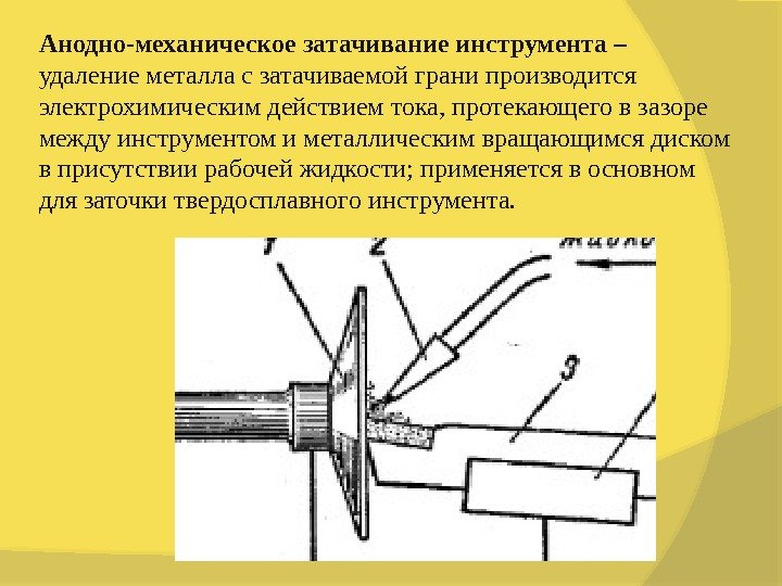 Анодно-механическое затачивание инструмента –  удаление ме талла с затачиваемой грани производится электрохимическим действием