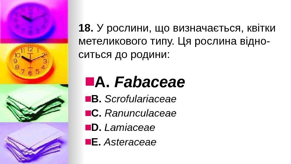 18. У рослини, що визначається, квiтки метеликового типу. Ця рослина вiдно- ситься до родини: