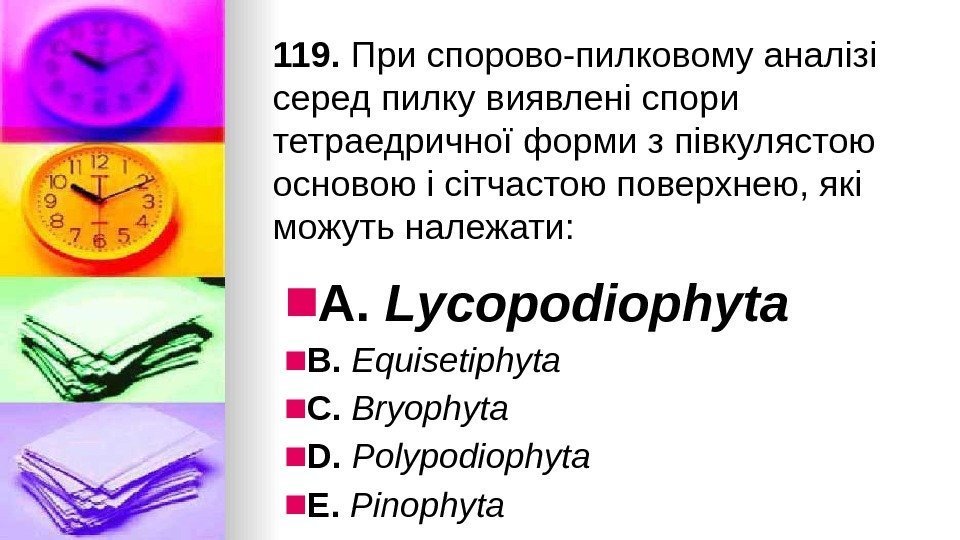 119. При спорово-пилковому аналiзi серед пилку виявленi спори тетраедричної форми з пiвкулястою основою i