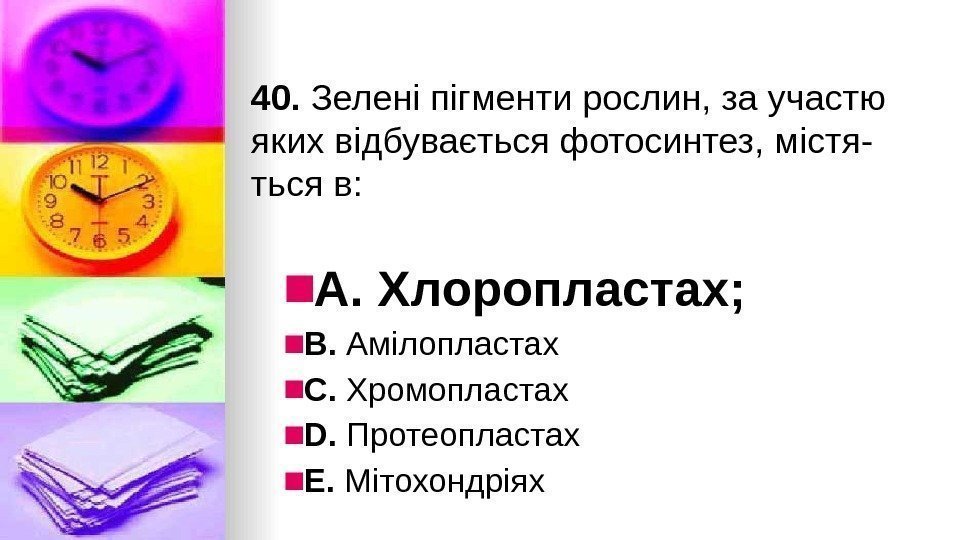 40. Зеленi пiгменти рослин, за участю яких в i дбувається фотосинтез, м i стя-