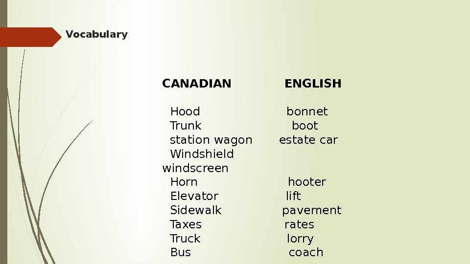 Vocabulary CANADIAN    ENGLISH  Hood    bonnet  Trunk