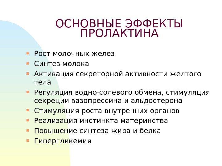 ОСНОВНЫЕ ЭФФЕКТЫ ПРОЛАКТИНА Рост молочных желез Синтез молока Активация секреторной активности желтого тела Регуляция