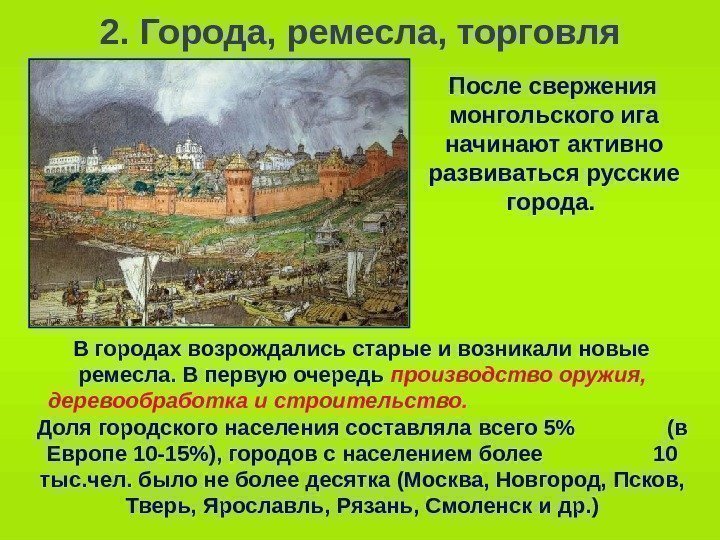   2. Города, ремесла, торговля После свержения монгольского ига начинают активно развиваться русские