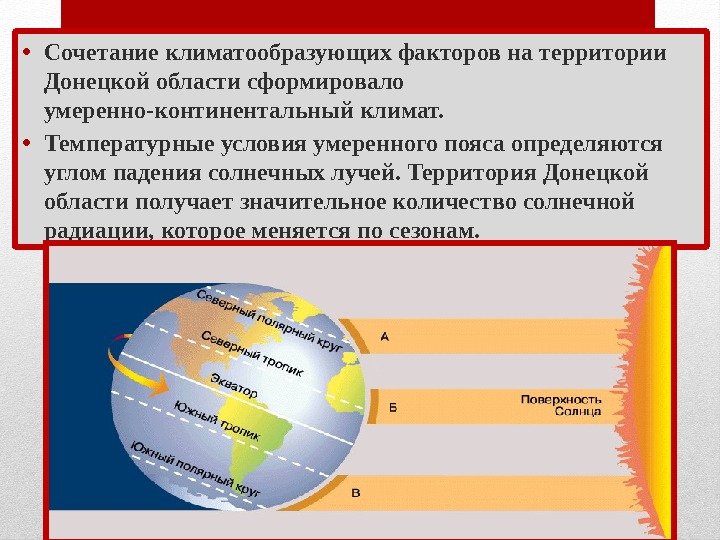  • Сочетание климатообразующих факторов на территории Донецкой области сформировало умеренно-континентальный климат.  •