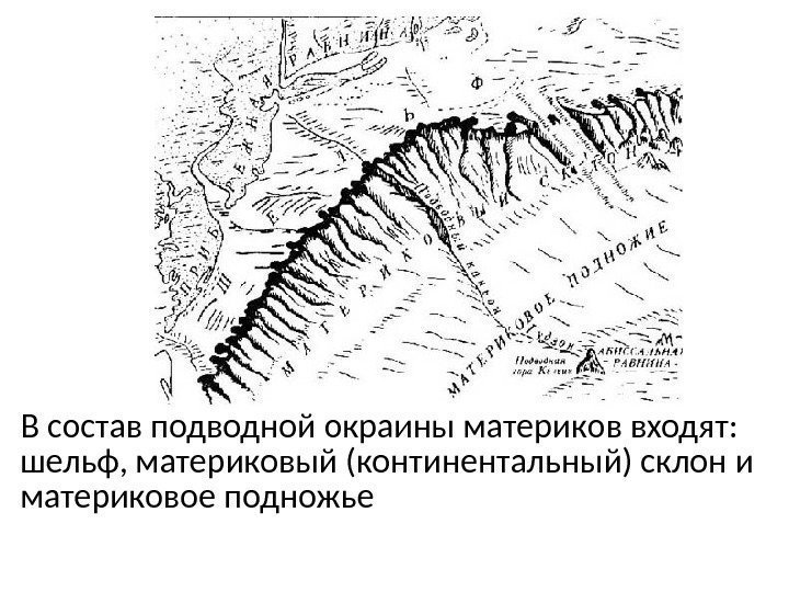 В состав подводной окраины материков входят:  шельф, материковый (континентальный) склон и материковое подножье
