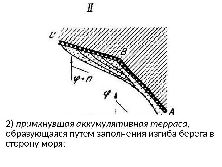 2) примкнувшая аккумулятивная терраса,  образующаяся путем заполнения изгиба берега в сторону моря; 