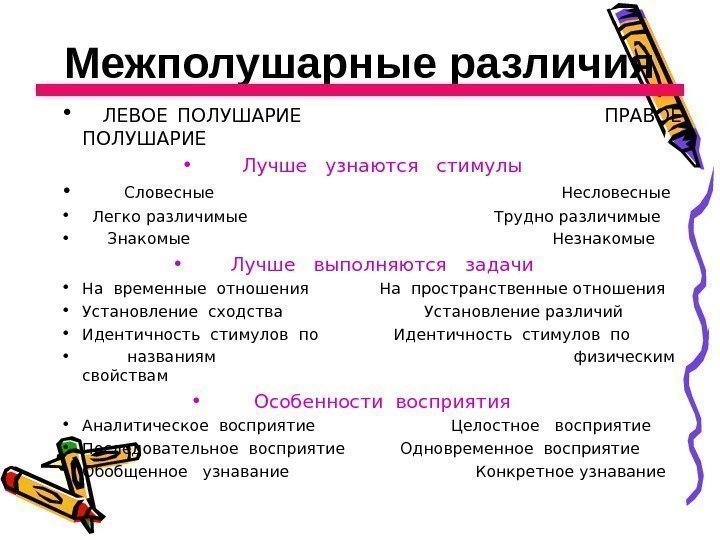   Межполушарные различия • ЛЕВОЕ ПОЛУШАРИЕ      ПРАВОЕ ПОЛУШАРИЕ