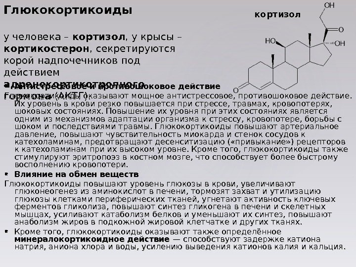 Глюкокортикоиды    у человека – кортизол , у крысы – кортикостерон ,