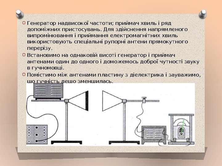 O Генератор над високої частоти; приймач хвиль і ряд допоміжних пристосувань. Для здійснення напрямленого