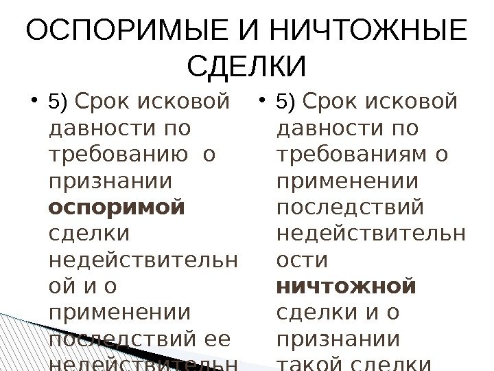 ОСПОРИМЫЕ И НИЧТОЖНЫЕ СДЕЛКИ 5) Срок исковой давности по требованию о признании оспоримой 