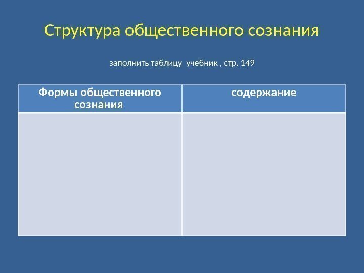 Структура общественного сознания заполнить таблицу учебник , стр. 149 Формы общественного сознания содержание 