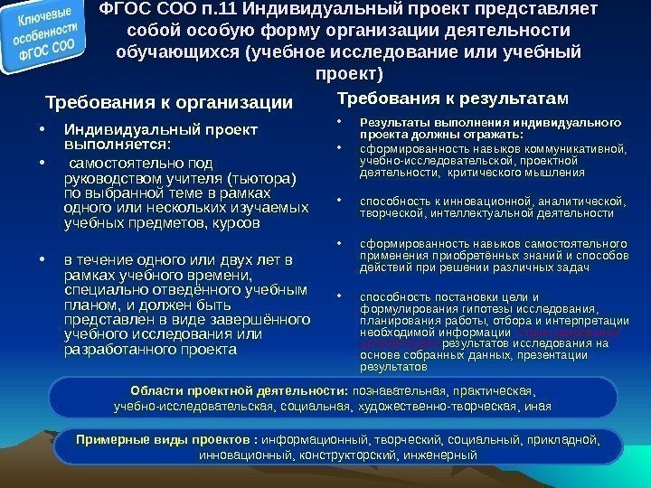 ФГОС СОО п. 11 Индивидуальный проект представляет собой особую форму организации деятельности обучающихся (учебное