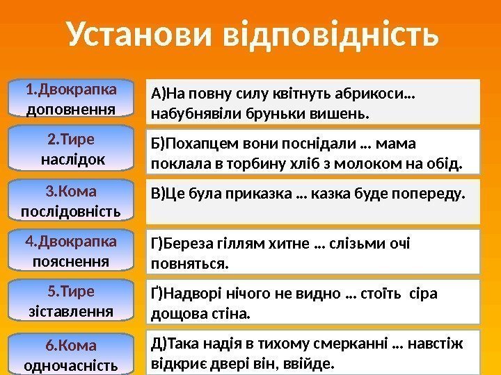 Установи відповідність  2. Тире  наслідок 1. Двокрапка доповнення 5. Тире  зіставлення