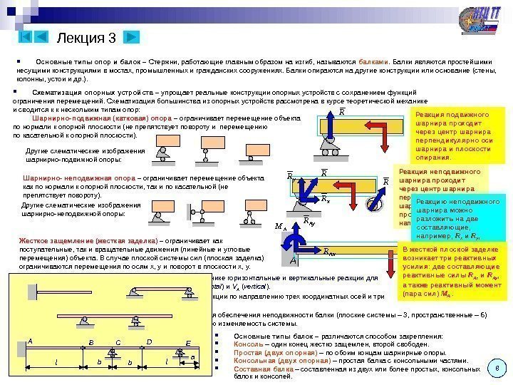 Лекция 3 8 Шарнирно- неподвижная  опора – ограничивает перемещение объекта как по нормали