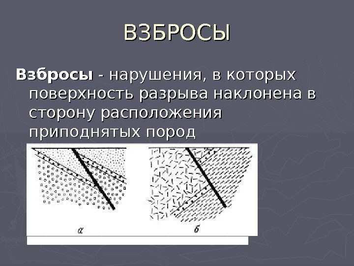 ВЗБРОСЫ Взбросы - нарушения, в которых поверхность разрыва наклонена в сторону расположения приподнятых пород