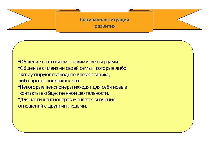 Социальная ситуация  развития • Общение в основном с такими же старцами.  •