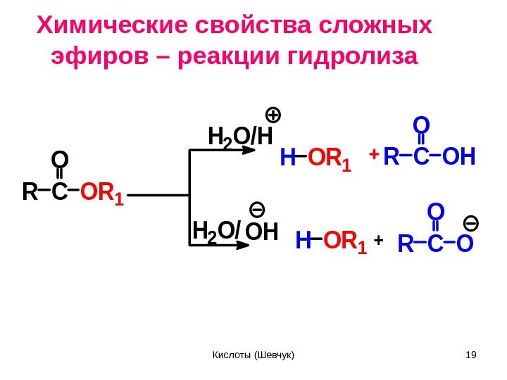 Химические свойства сложных эфиров – реакции гидролиза. RC O OR 1 RCOH O OH