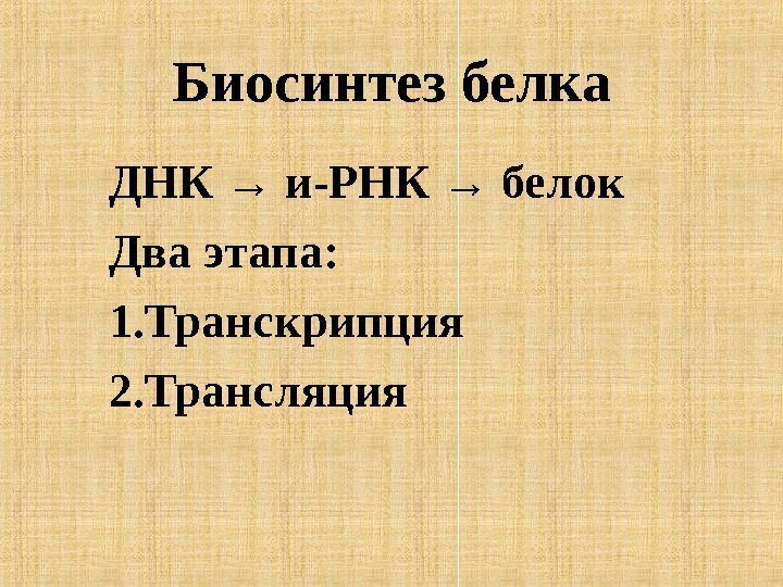 Биосинтез белка ДНК → и-РНК → белок Два этапа: 1. Транскрипция 2. Трансляция 