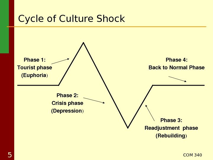 COM 340 5 Cycle of Culture Shock Phase 1: Touristphase (Euphoria ) Phase 2:
