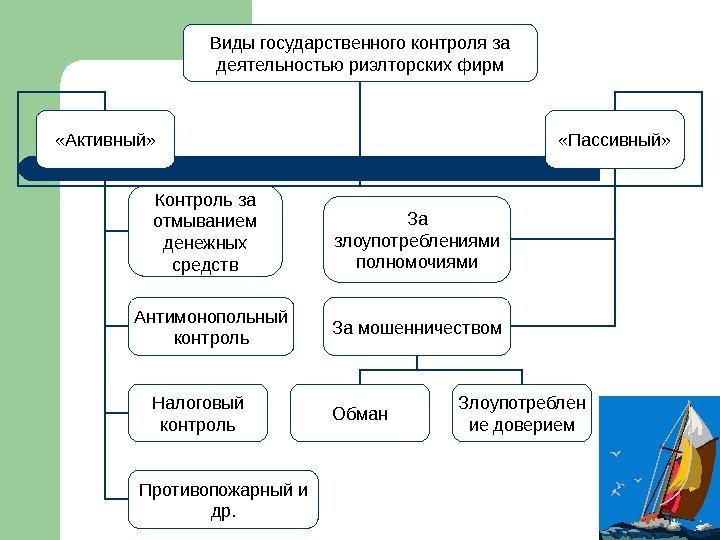   Виды государственного контроля за деятельностью риэлторских фирм «Активный»  «Пассивный» Контроль за