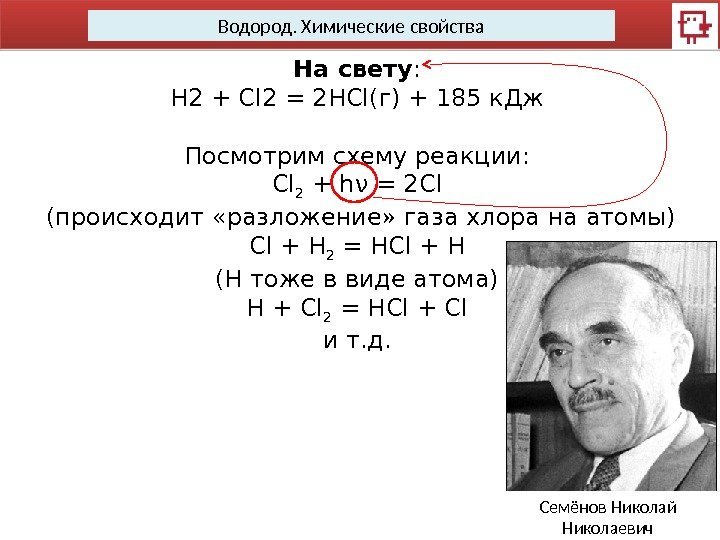 Водород. Химические свойства На свету : H 2 + Cl 2 = 2 HCl(г)