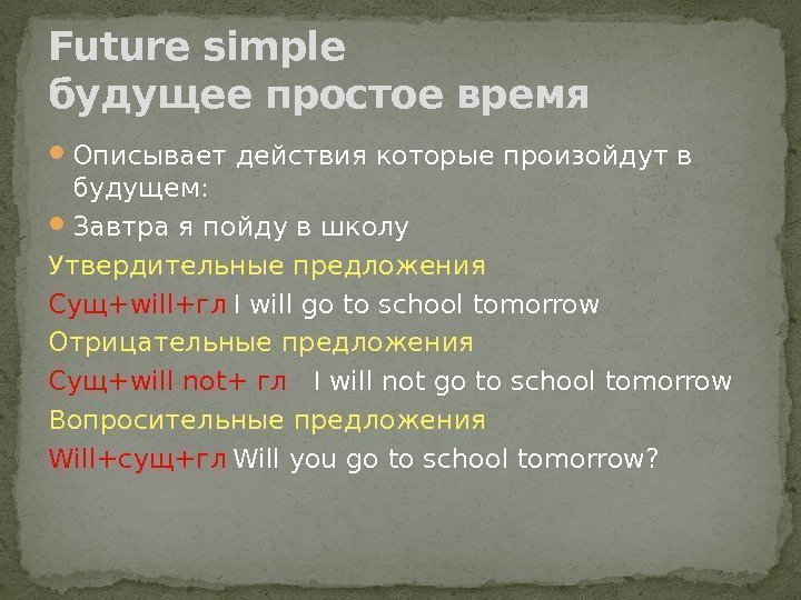  Описывает действия которые произойдут в будущем:  Завтра я пойду в школу Утвердительные