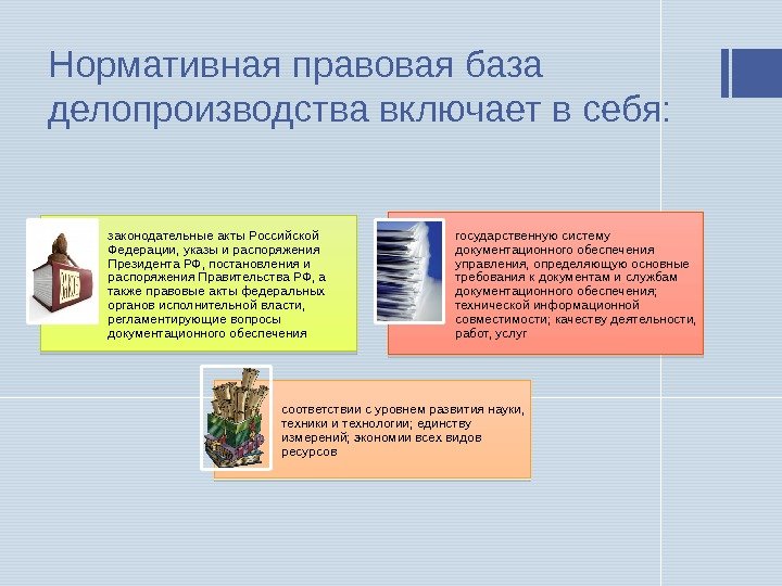 Нормативная правовая база делопроизводства включает в себя: законодательные акты Российской Федерации, указы и распоряжения