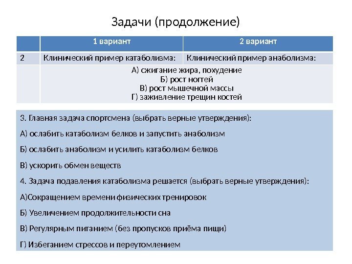 Задачи (продолжение) 1 вариант 2 Клинический пример катаболизма: Клинический пример анаболизма: А) сжигание жира,