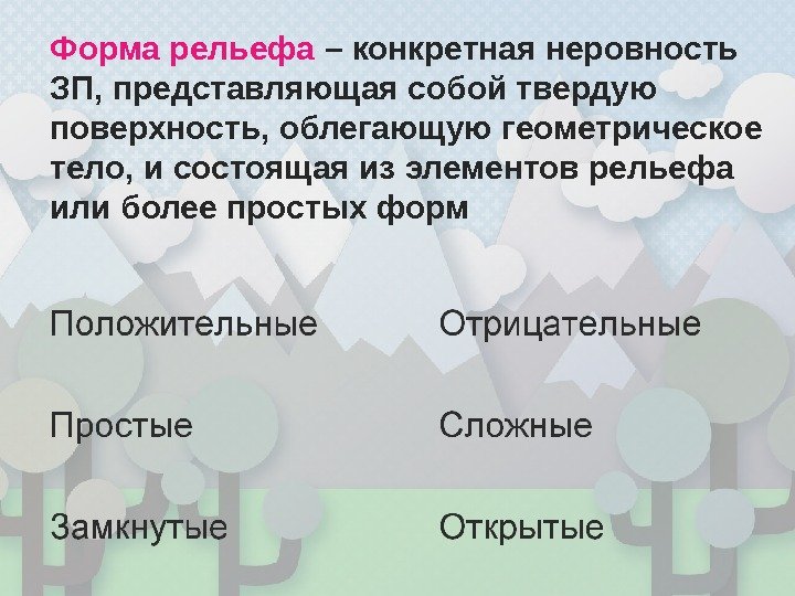 Форма рельефа – конкретная неровность ЗП, представляющая собой твердую поверхность, облегающую геометрическое тело, и