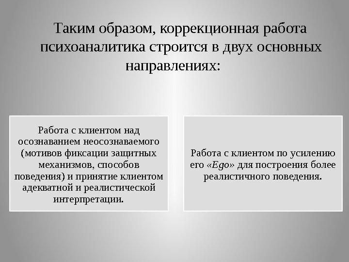   Таким образом, коррекционная работа психоаналитика строится в двух основных направлениях: Работа с