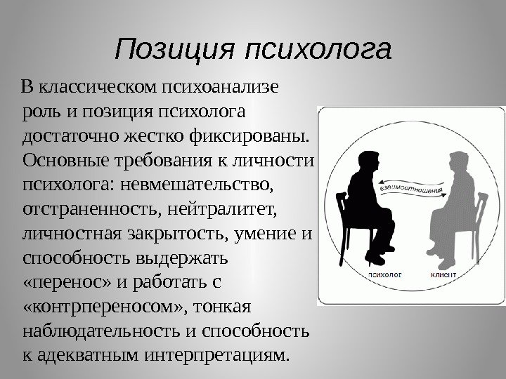 Позиция психолога В классическом психоанализе роль и позиция психолога достаточно жестко фиксированы.  Основные