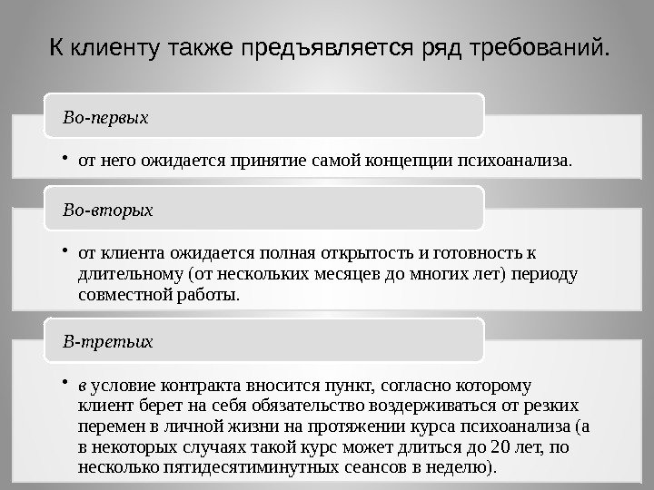  • от него ожидается принятие самой концепции психоанализа. Во-первых • от клиента ожидается