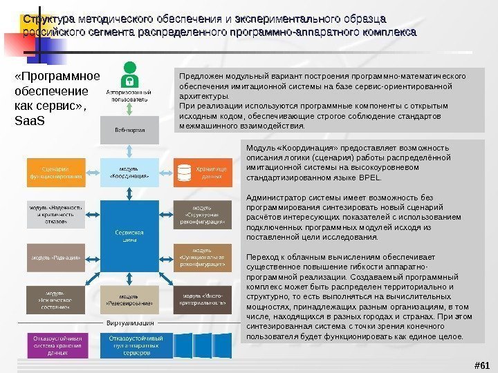 # 61 Структураметодическогообеспеченияиэкспериментальногообразца российскогосегментараспределенногопрограммно-аппаратногокомплекса Предложенмодульныйвариантпостроенияпрограммно-математического обеспеченияимитационнойсистемынабазесервис-ориентированной архитектуры. Приреализациииспользуютсяпрограммныекомпонентысоткрытым исходнымкодом, обеспечивающиестрогоесоблюдениестандартов межмашинноговзаимодействия. Модуль «Координация» предоставляетвозможность