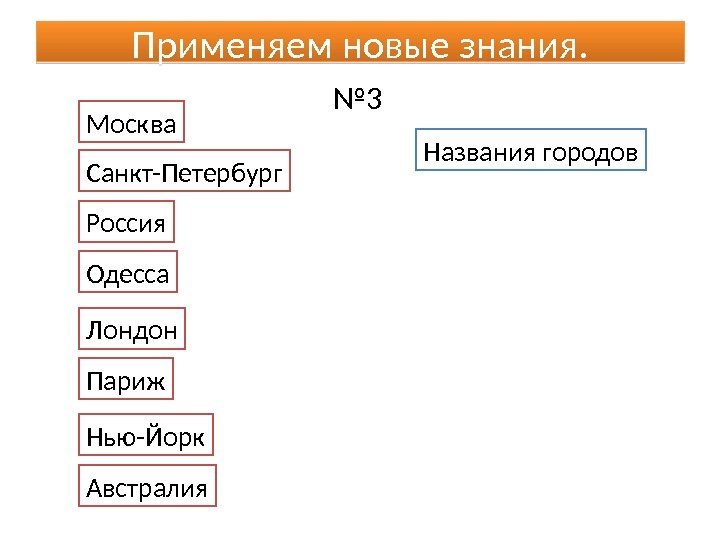 Применяем новые знания. № 3 Названия городов. Москва Санкт-Петербург Россия Одесса Лондон Париж Нью-Йорк