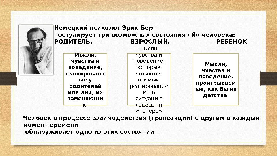 Немецкий психолог Эрик Берн постулирует три возможных состояния «Я» человека:  РОДИТЕЛЬ,  