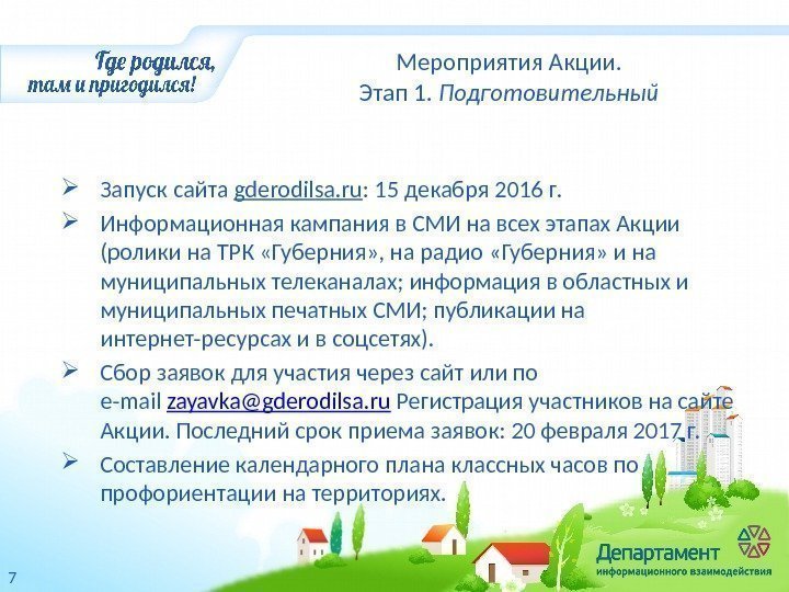 Мероприятия Акции. Этап 1.  Подготовительный Запуск сайта gderodilsa. ru : 15 декабря 2016