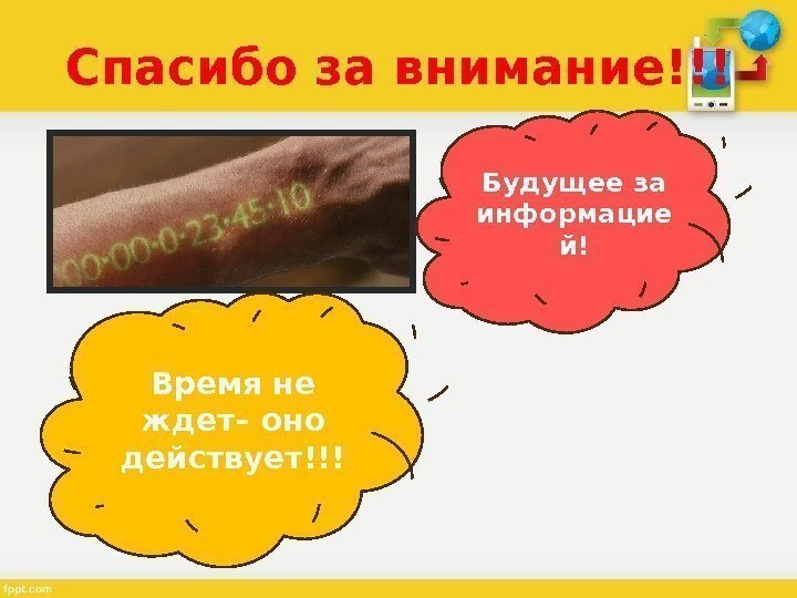 Спасибо за внимание!!! Будущее за информацие й! Время не ждет– оно действует!!! 