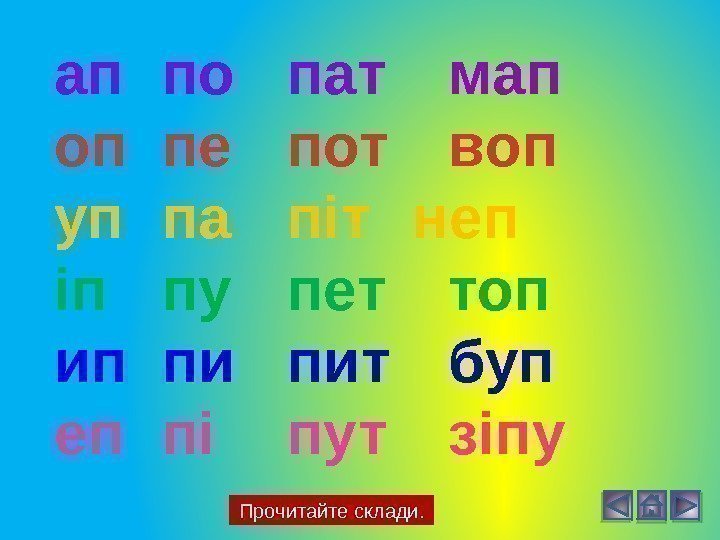 Прочитайте склади. ап по пат  мап оп пе пот  воп уп па